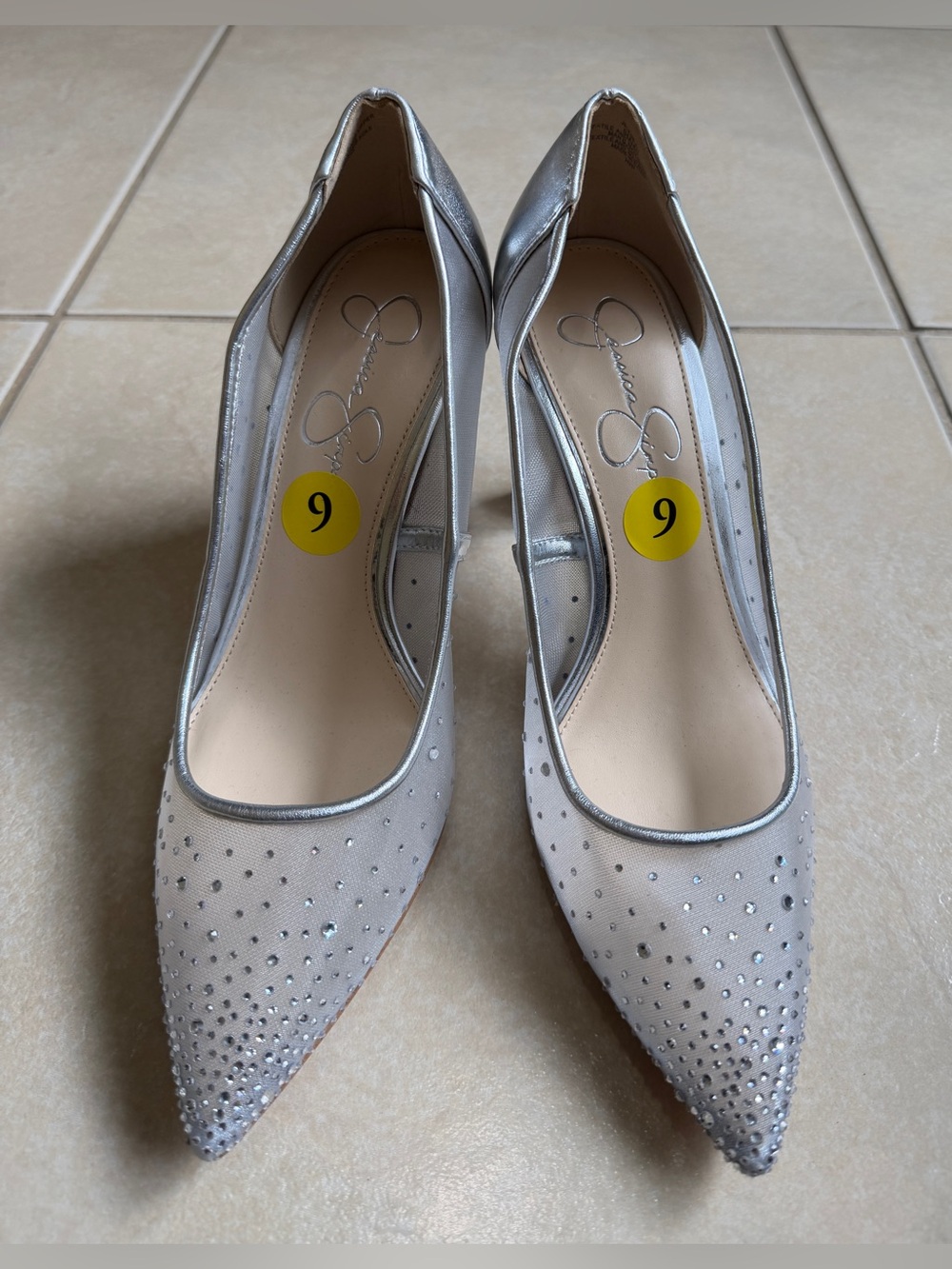Jessica Simpson Silver Rhinestone Mesh Pointed Toe Heels Pumps-Size 9-Glam Vibes